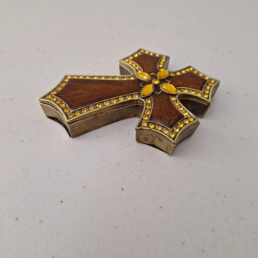 Vintage Ornate Brass Enamel Jeweled Trinket Box Cross 4.5